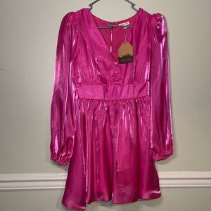 Main Strip Midi Hot Pink Satin Cocteau Cocktail Party Dress Size Small Valentine